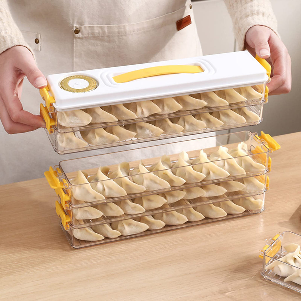 多層餃子ボックス、ポータブルな多機能キッチン用容器、蓋と取っ手付きで積み重ね可能な冷蔵庫収納ボックス、小さなキッチンに適した耐久性のある冷蔵庫用食品保存ボックス（グレー/3層）