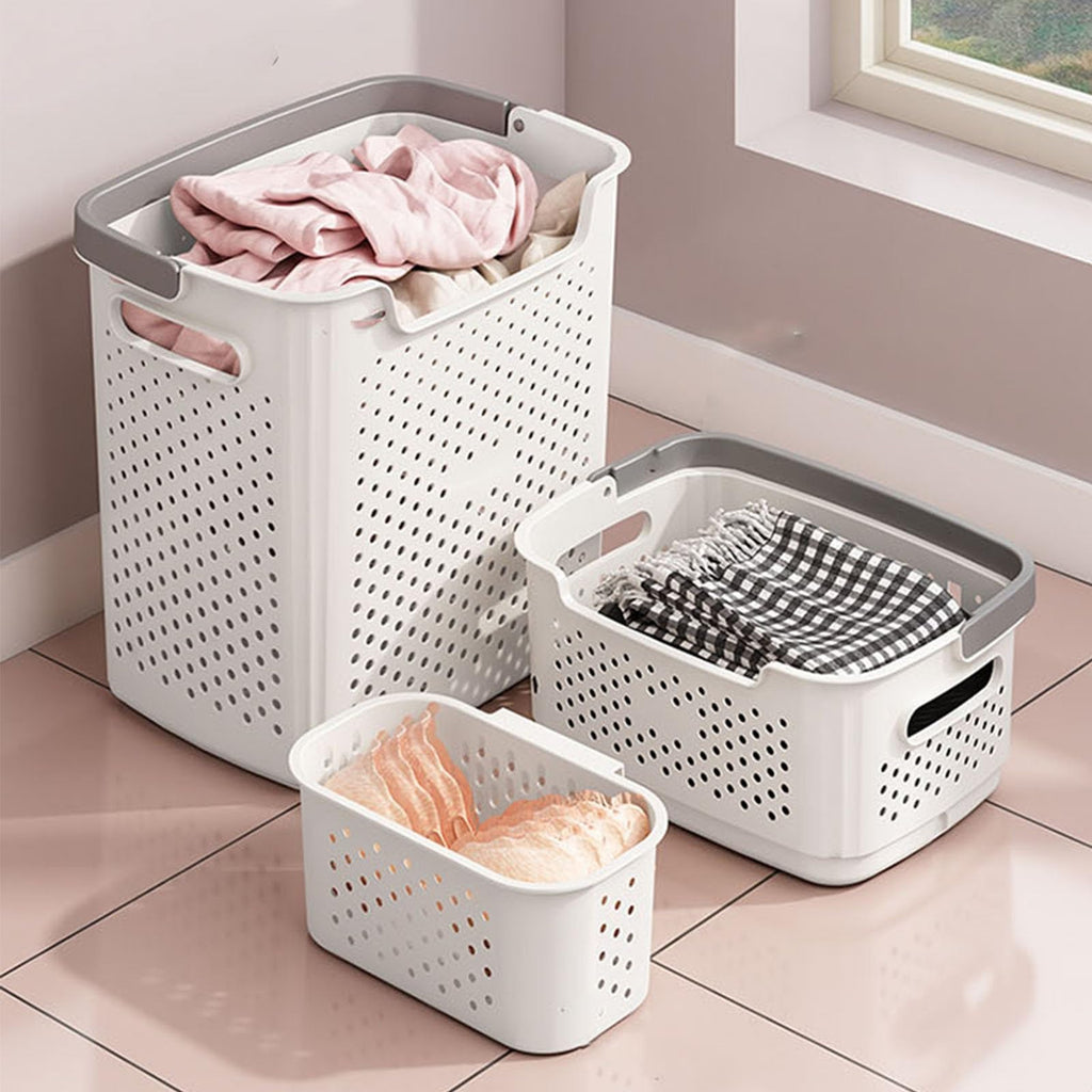 プラスチック製洗濯物バスケット、持ち手付き汚れた衣類用ハンパー、寝室やバスルームで汚れた衣類を収納するために使用（白、32×35×25センチメートル/13×14×10インチ）