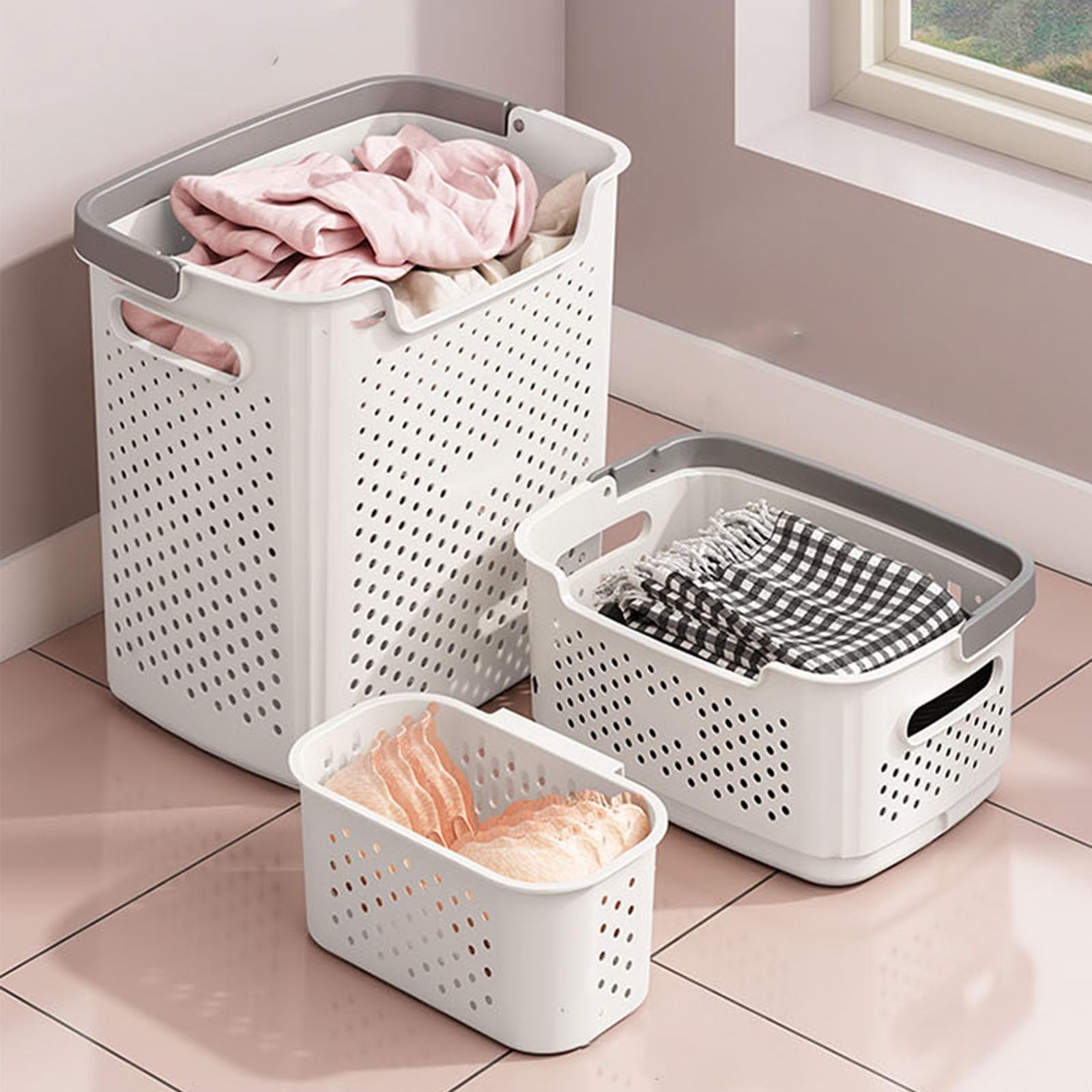 プラスチック製洗濯物バスケット、持ち手付き汚れた衣類用ハンパー、寝室やバスルームで汚れた衣類を収納するために使用（白、32×35×25センチメートル/13×14×10インチ）