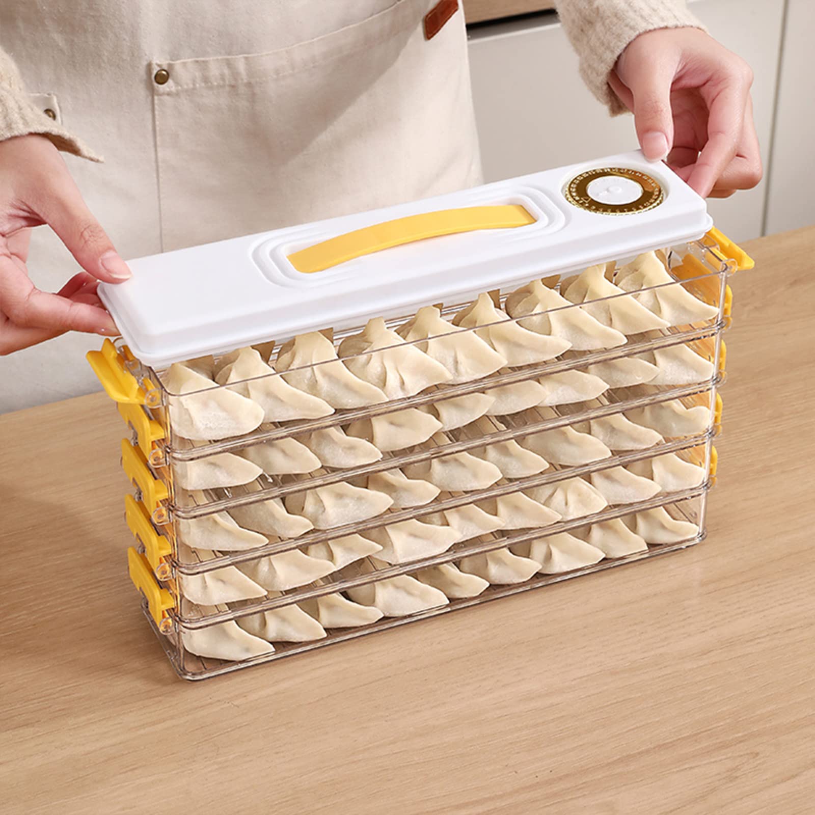 多層餃子ボックス、ポータブルな多機能キッチン用容器、蓋と取っ手付きで積み重ね可能な冷蔵庫収納ボックス、小さなキッチンに適した耐久性のある冷蔵庫用食品保存ボックス（グレー/3層）
