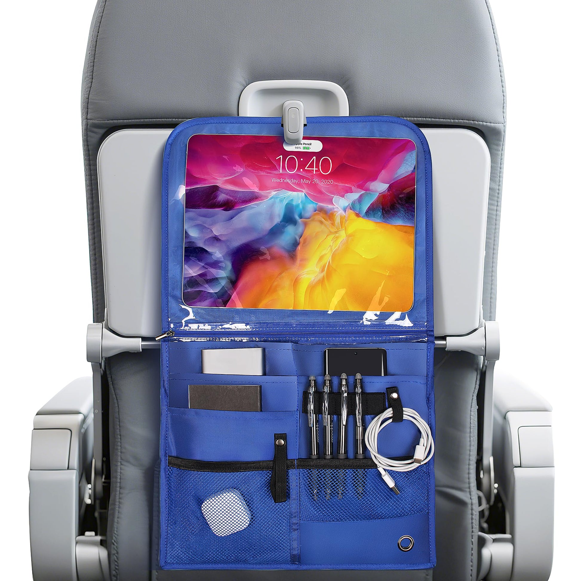 機内用ポケット収納バッグ テーブルトレイカバー付き ポータブル機内シートバック収納バッグ コミューター必需品旅行バッグ 航空旅行アクセサリー ブルー（ネイビーブルー）