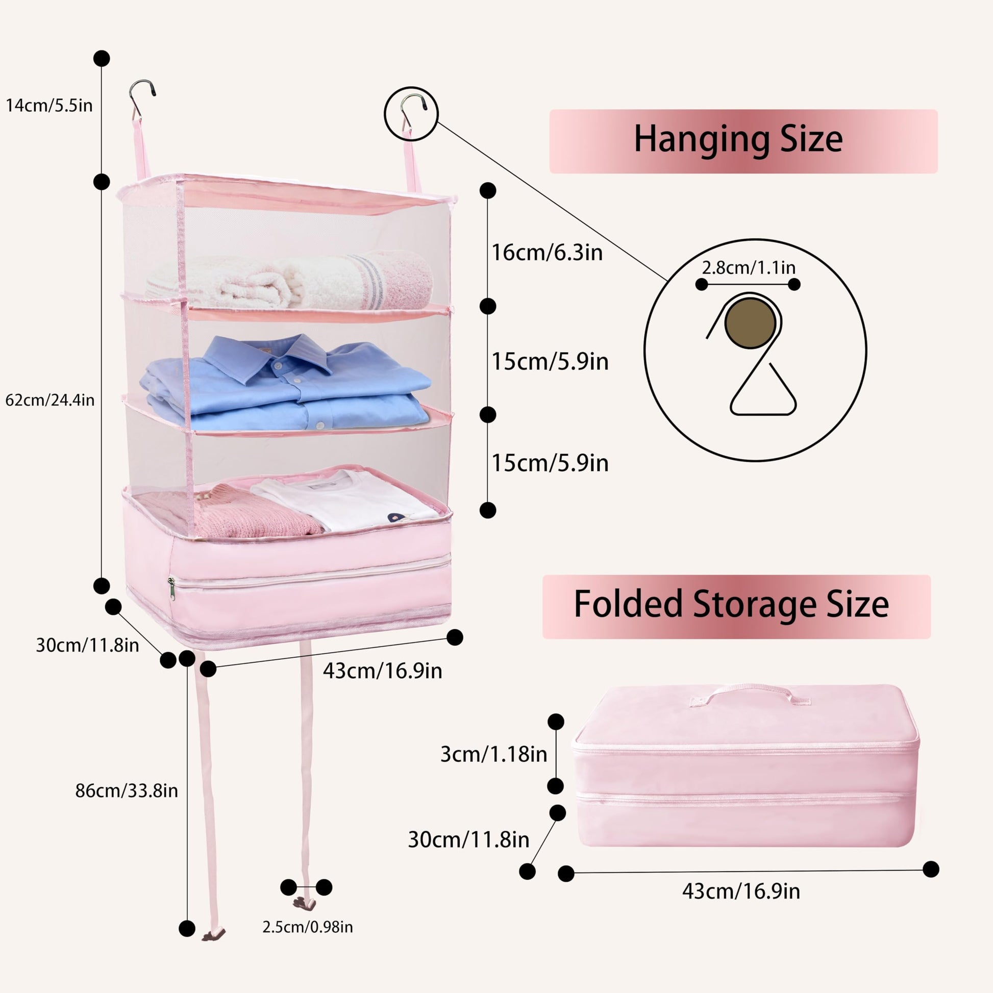 吊り下げ式トラベルクローゼット収納マット スーツケース用収納ラック ポータブルキャリーオンクローゼット 吊り下げパッキングキューブ収納用品 XL サイズ ピンク