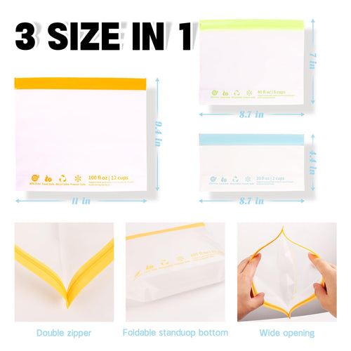 20个装可重复使用食品保鲜袋，防漏冷冻袋，不含BPA，可立式三明治袋，适用于午餐、沙拉、水果、旅行，可用洗碗机清洗（6加仑，8个三明治袋，6个零食袋）