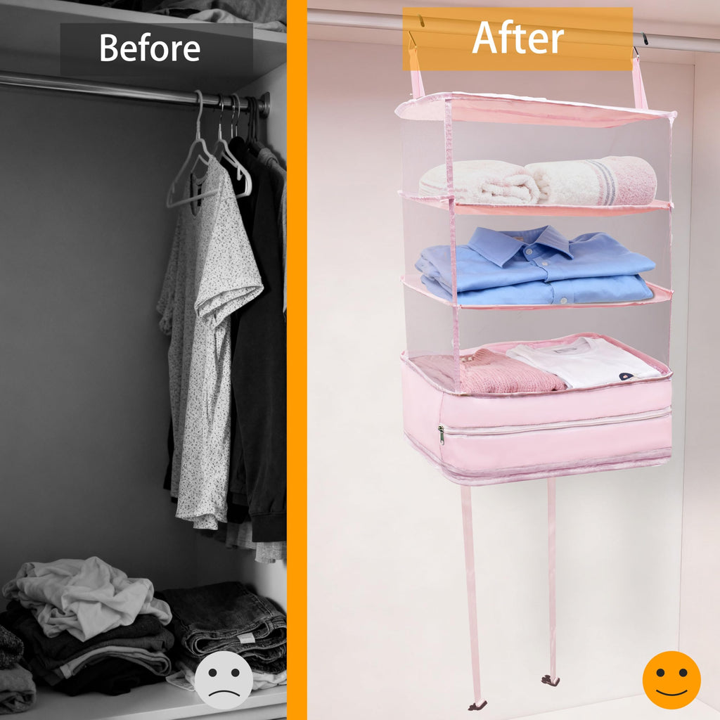 吊り下げ式トラベルクローゼット収納マット スーツケース用収納ラック ポータブルキャリーオンクローゼット 吊り下げパッキングキューブ収納用品 XL サイズ ピンク