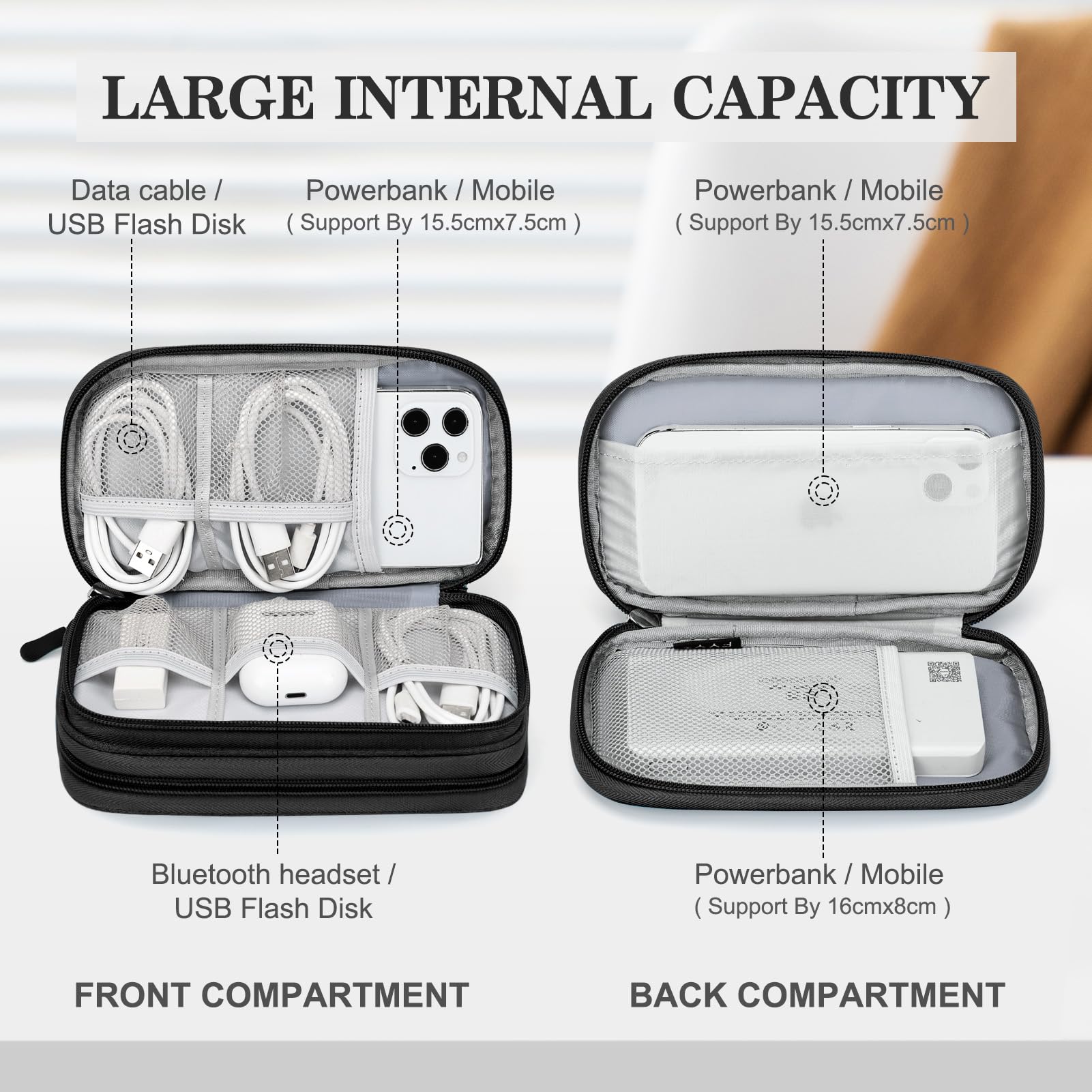 旅行用ケーブル収納バッグ・電子部品持ち運び用ポーチ ポータブル防水性のある二段構造一体型収納袋