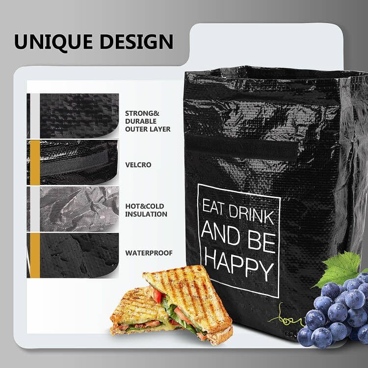16盎司可重复使用午餐袋，男女通用保温午餐盒，纸质大号三明治手提袋，适用于办公室、工作、野餐、旅行、零食，2个装，黑色
