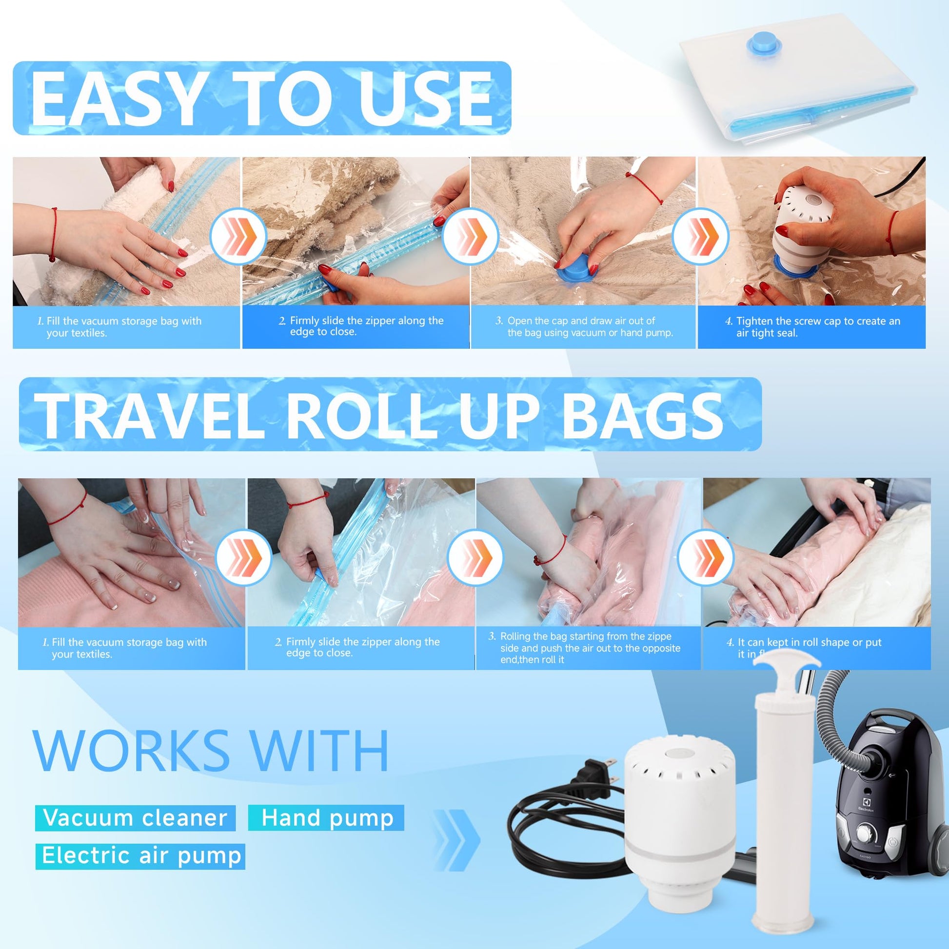 25 Pack Vacuum Storage Bags with Electric Air Pump, Space Saver Bags (3 Jumbo/4 Large/5 Medium/5 Small/4 Roll M/4 Roll S) Compression for Comforters and Blankets, Duvets, Pillows, Travel