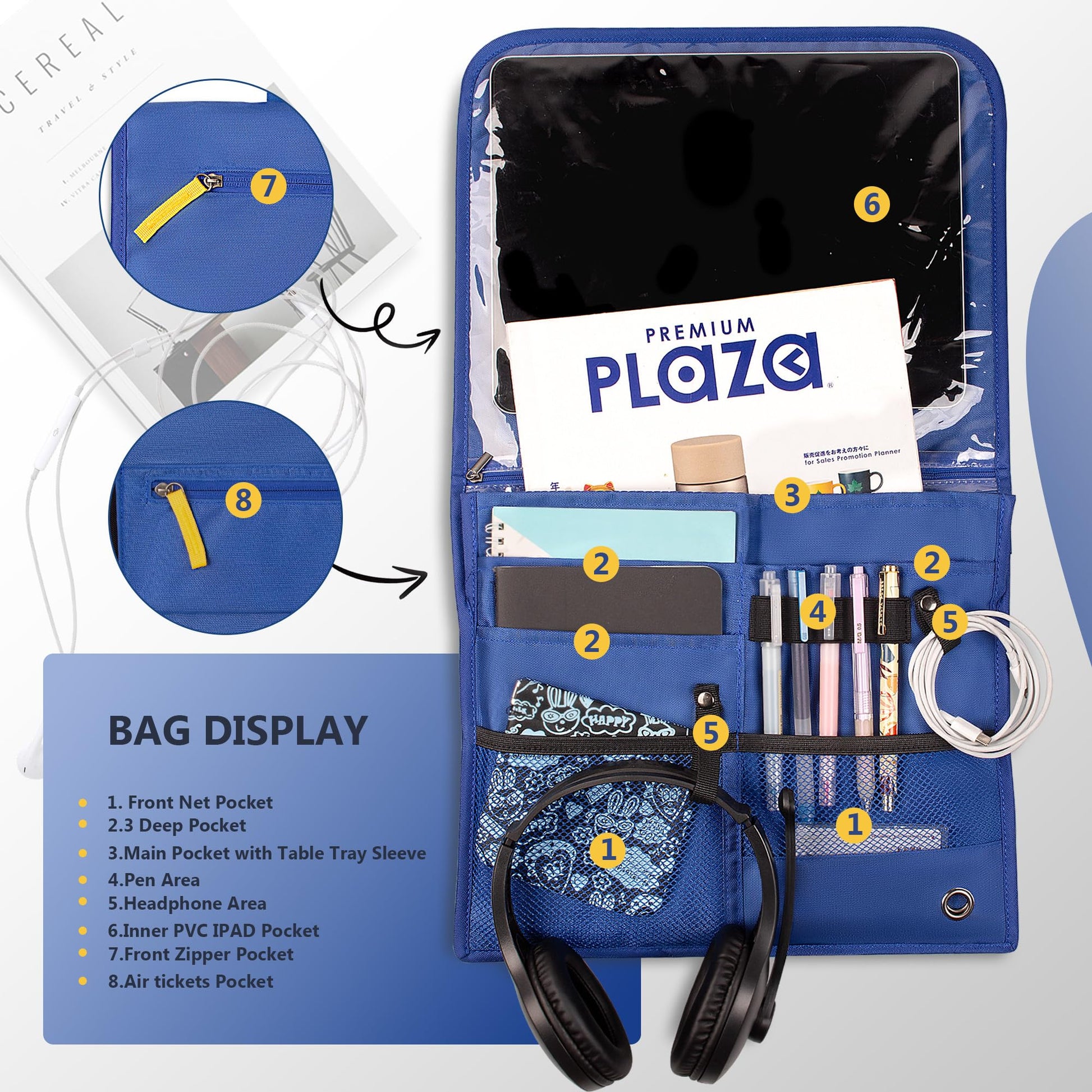 機内用ポケット収納バッグ テーブルトレイカバー付き ポータブル機内シートバック収納バッグ コミューター必需品旅行バッグ 航空旅行アクセサリー ブルー（ネイビーブルー）