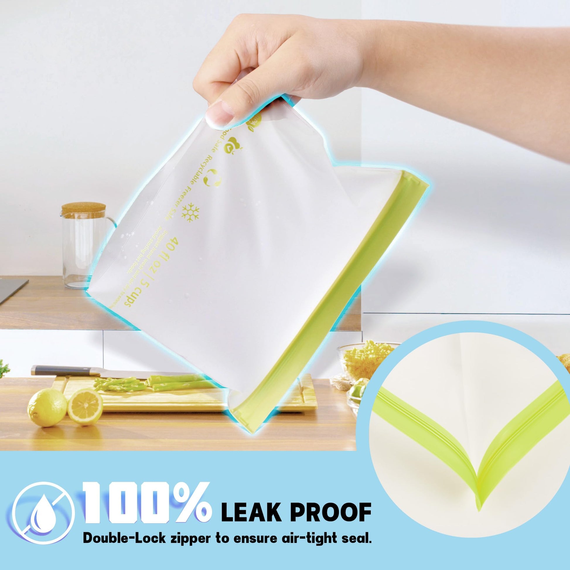 20个装可重复使用食品保鲜袋，防漏冷冻袋，不含BPA，可立式三明治袋，适用于午餐、沙拉、水果、旅行，可用洗碗机清洗（6加仑，8个三明治袋，6个零食袋）