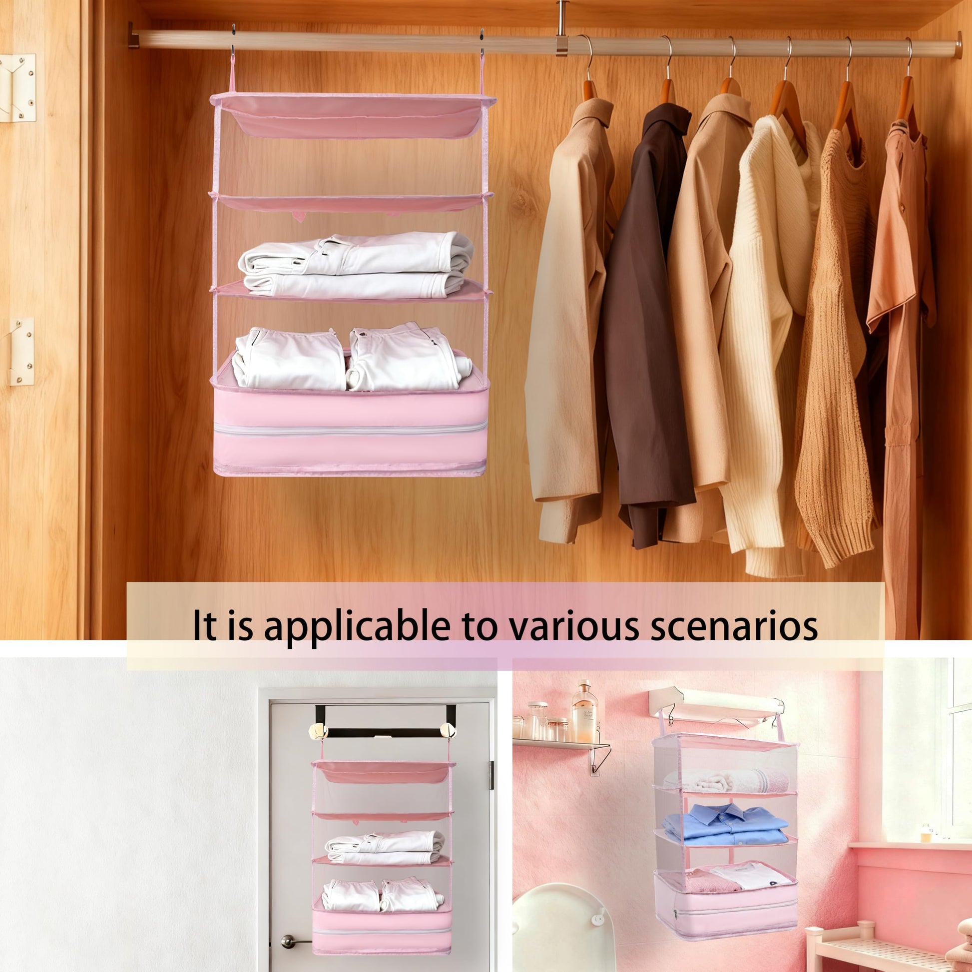 吊り下げ式トラベルクローゼット収納マット スーツケース用収納ラック ポータブルキャリーオンクローゼット 吊り下げパッキングキューブ収納用品 XL サイズ ピンク