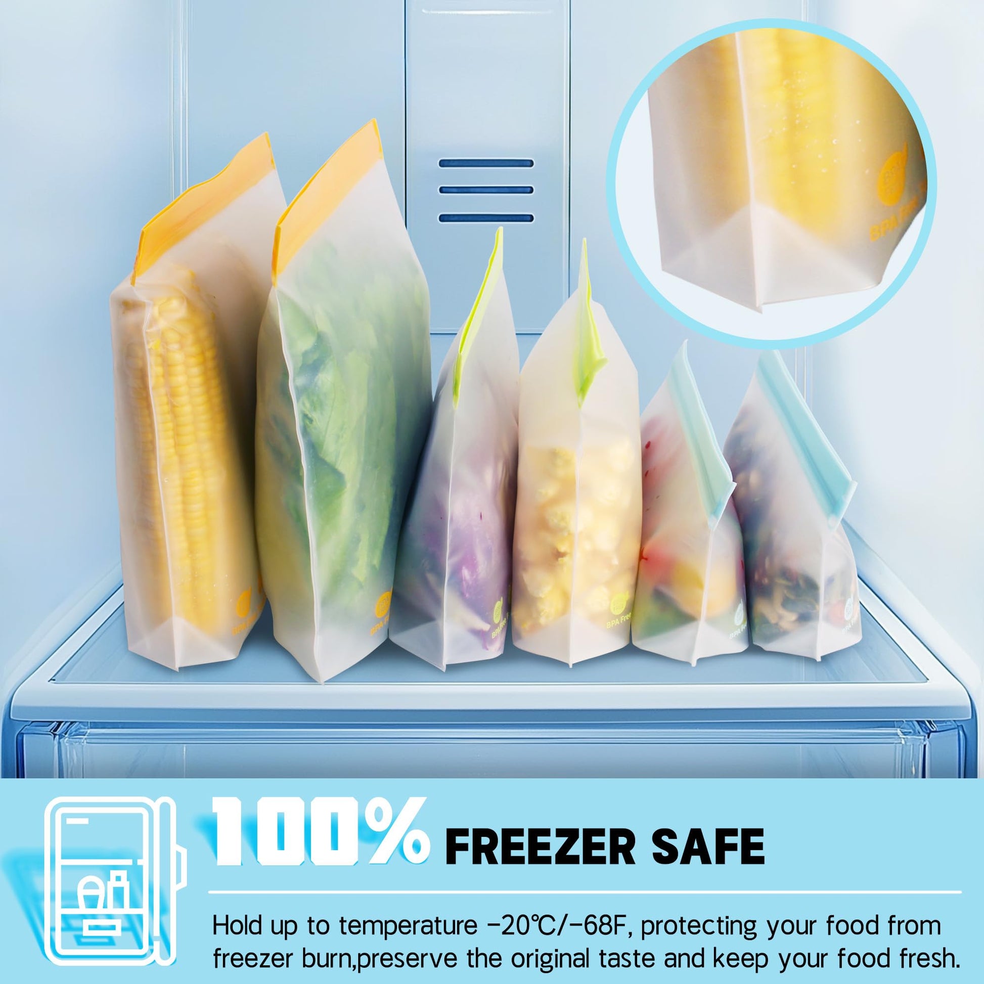 20个装可重复使用食品保鲜袋，防漏冷冻袋，不含BPA，可立式三明治袋，适用于午餐、沙拉、水果、旅行，可用洗碗机清洗（6加仑，8个三明治袋，6个零食袋）
