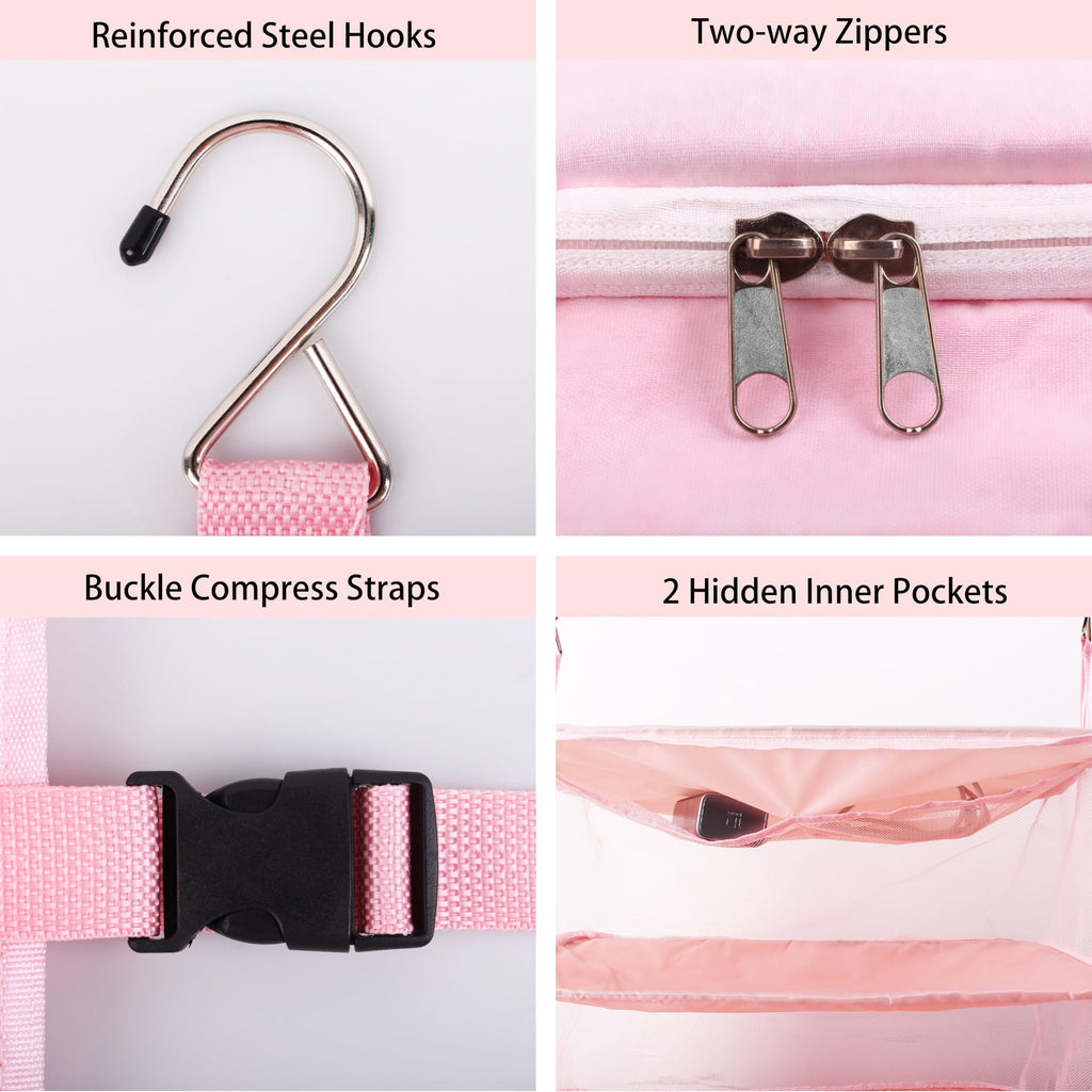 吊り下げ式トラベルクローゼット収納マット スーツケース用収納ラック ポータブルキャリーオンクローゼット 吊り下げパッキングキューブ収納用品 XL サイズ ピンク