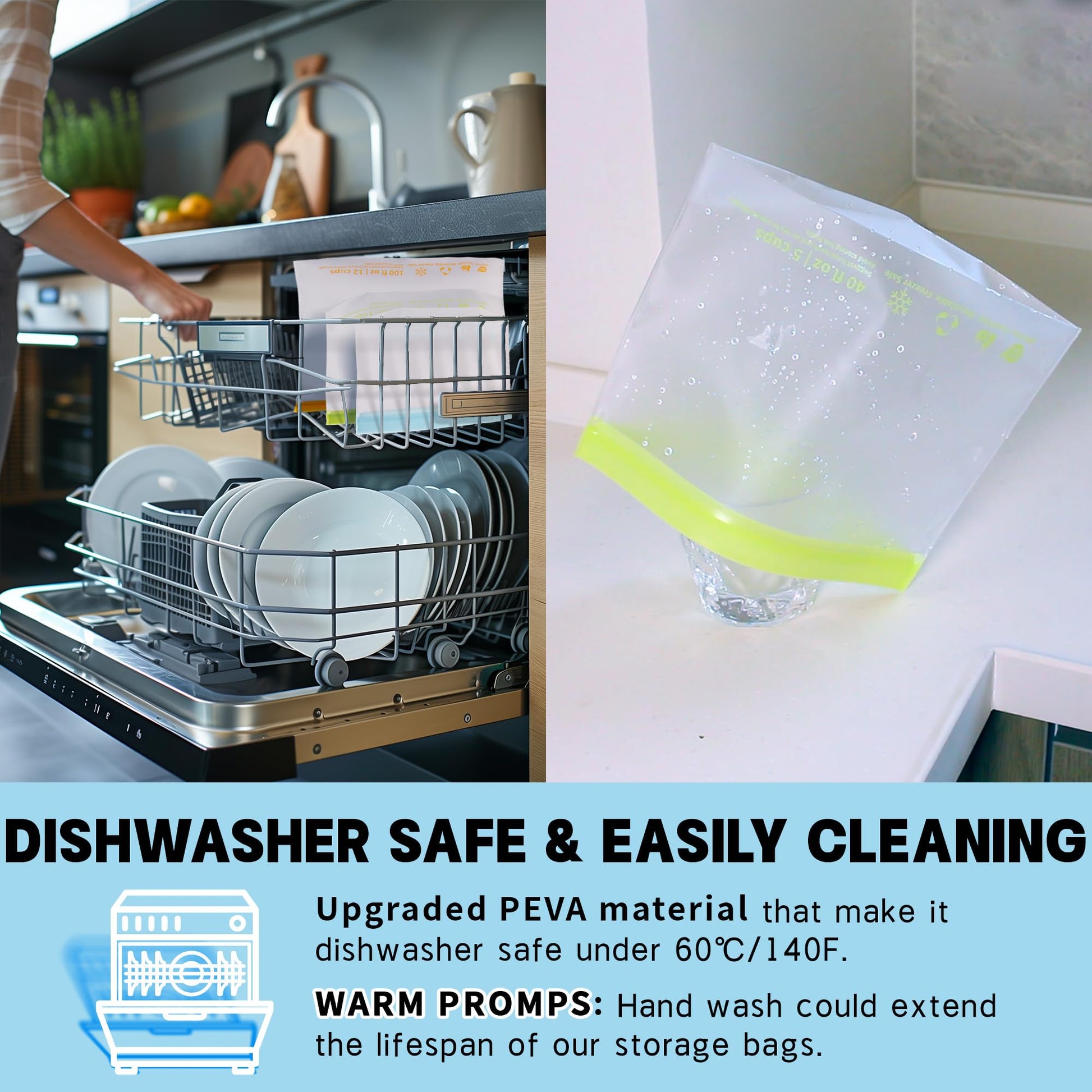 20个装可重复使用食品保鲜袋，防漏冷冻袋，不含BPA，可立式三明治袋，适用于午餐、沙拉、水果、旅行，可用洗碗机清洗（6加仑，8个三明治袋，6个零食袋）