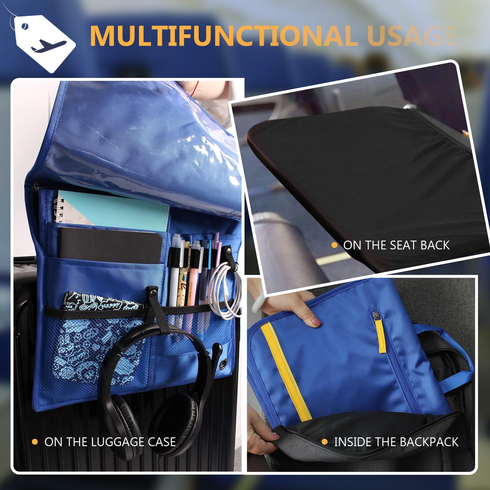 機内用ポケット収納バッグ テーブルトレイカバー付き ポータブル機内シートバック収納バッグ コミューター必需品旅行バッグ 航空旅行アクセサリー ブルー（ネイビーブルー）