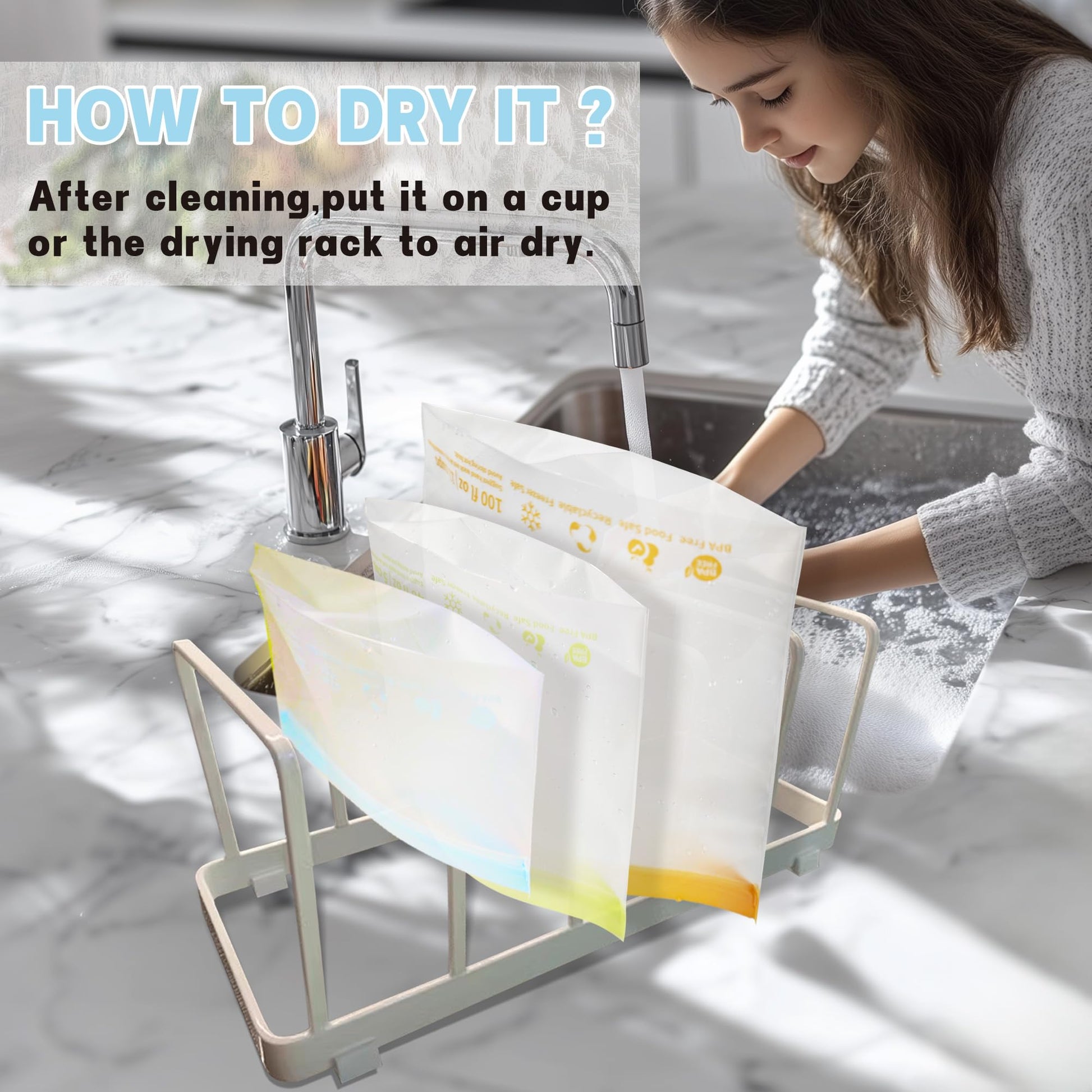 20个装可重复使用食品保鲜袋，防漏冷冻袋，不含BPA，可立式三明治袋，适用于午餐、沙拉、水果、旅行，可用洗碗机清洗（6加仑，8个三明治袋，6个零食袋）