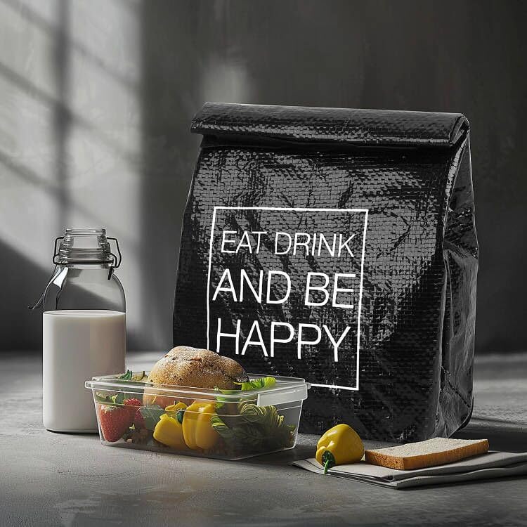 16盎司可重复使用午餐袋，男女通用保温午餐盒，纸质大号三明治手提袋，适用于办公室、工作、野餐、旅行、零食，2个装，黑色